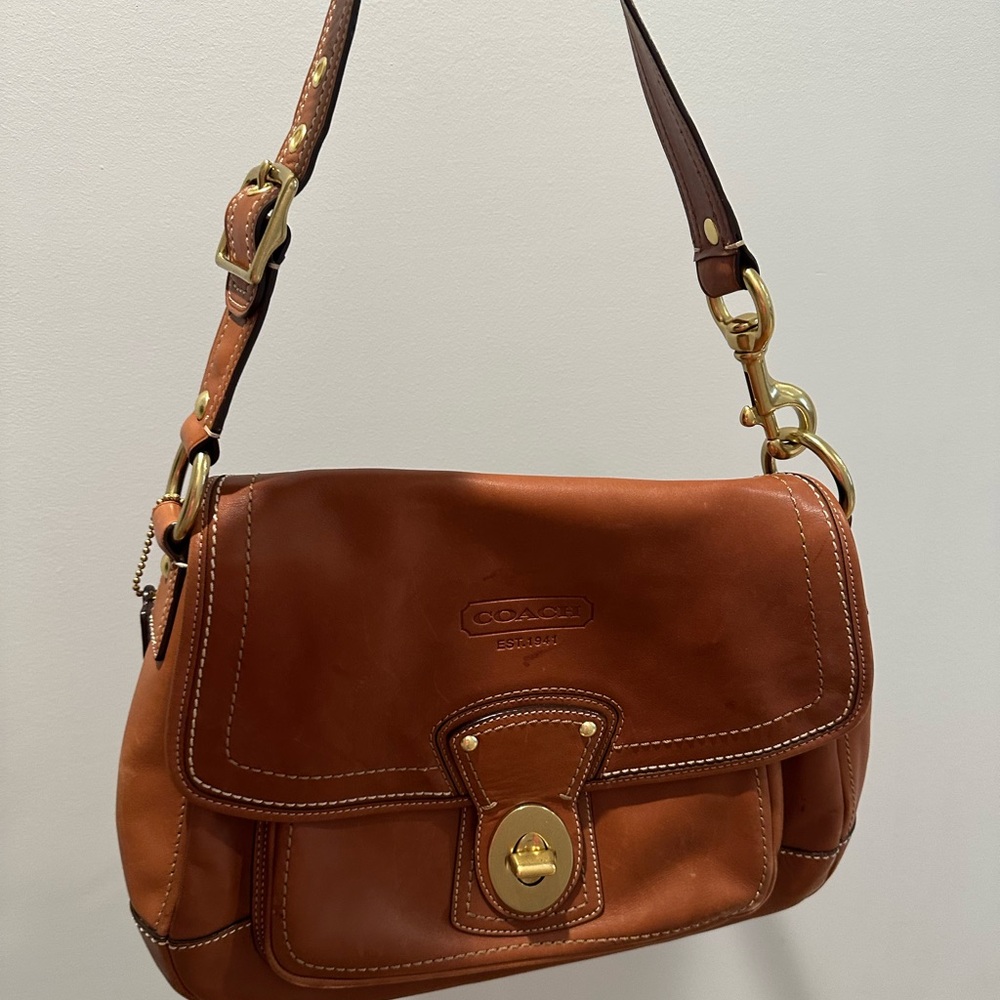 Coach Brown Leather Shoulder Bag with Turn-Lock Closure